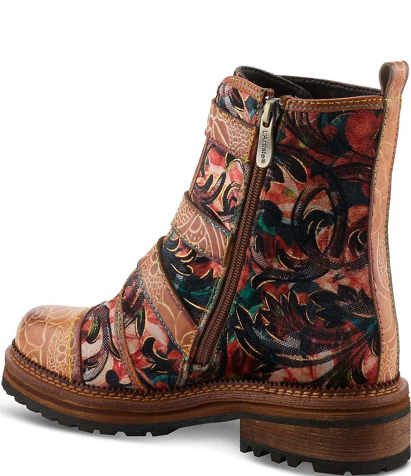 L'ARTISTE Thisway Printed Velvet and Leather Buckled Straps Booties