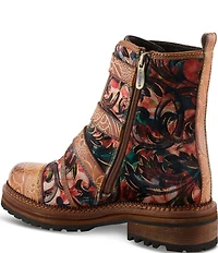 L'ARTISTE Thisway Printed Velvet and Leather Buckled Straps Booties