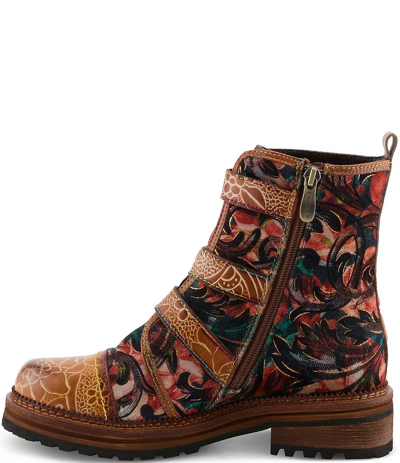 L'ARTISTE Thisway Printed Velvet and Leather Buckled Straps Booties