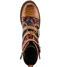 L'ARTISTE Thisway Printed Velvet and Leather Buckled Straps Booties