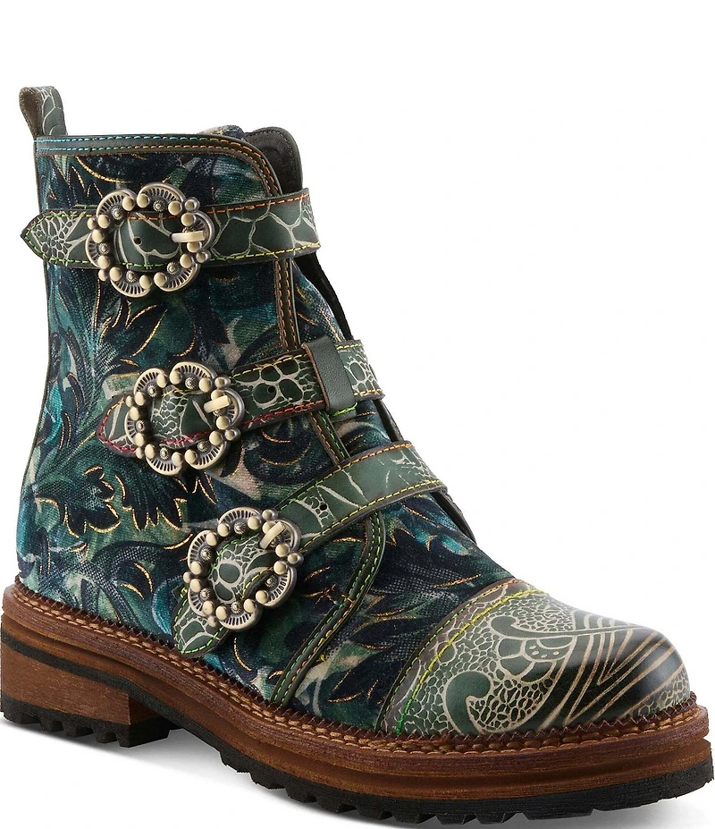 L'ARTISTE Thisway Printed Velvet and Leather Buckled Straps Booties