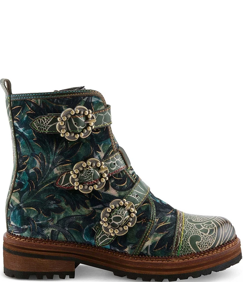 L'ARTISTE Thisway Printed Velvet and Leather Buckled Straps Booties