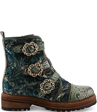 L'ARTISTE Thisway Printed Velvet and Leather Buckled Straps Booties