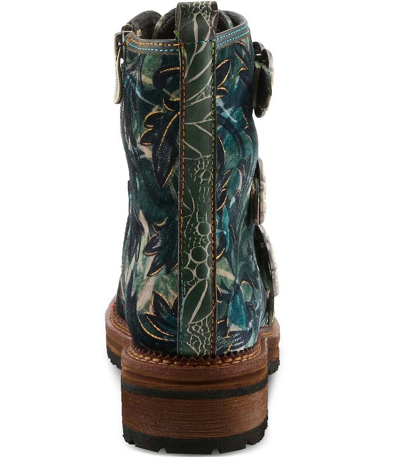 L'ARTISTE Thisway Printed Velvet and Leather Buckled Straps Booties