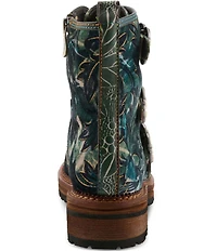 L'ARTISTE Thisway Printed Velvet and Leather Buckled Straps Booties