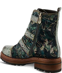 L'ARTISTE Thisway Printed Velvet and Leather Buckled Straps Booties