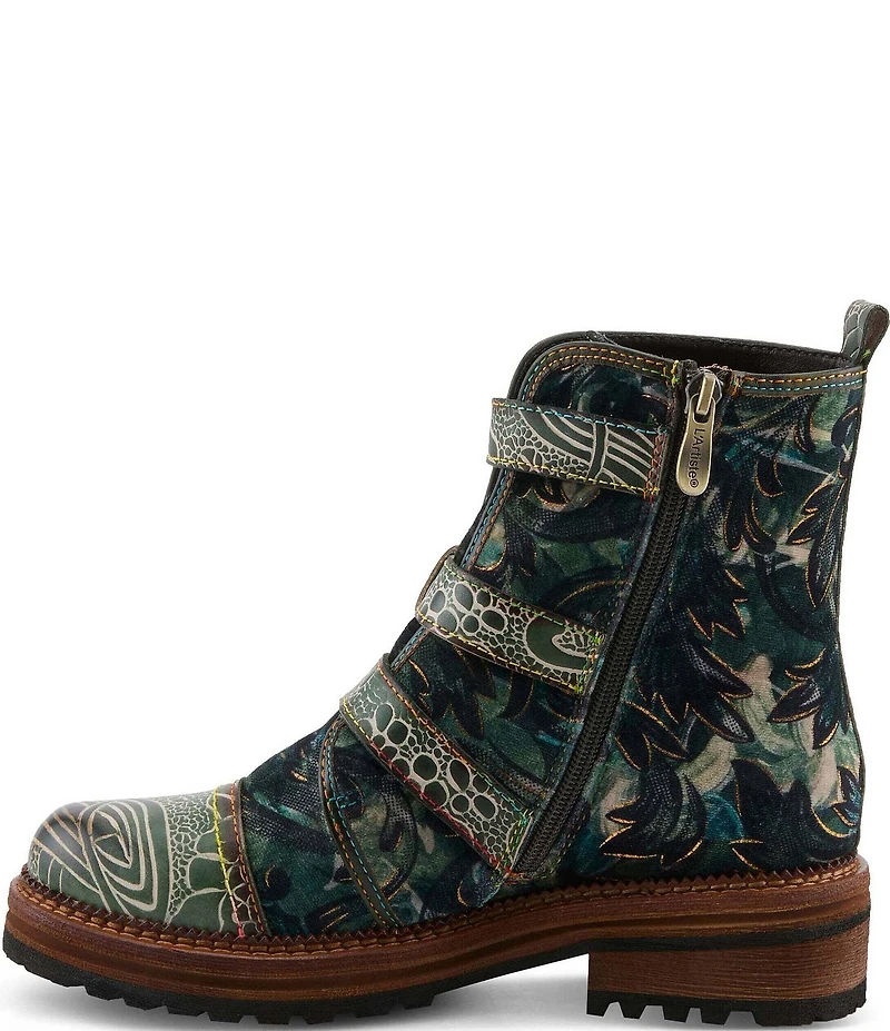 L'ARTISTE Thisway Printed Velvet and Leather Buckled Straps Booties