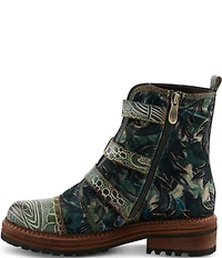 L'ARTISTE Thisway Printed Velvet and Leather Buckled Straps Booties