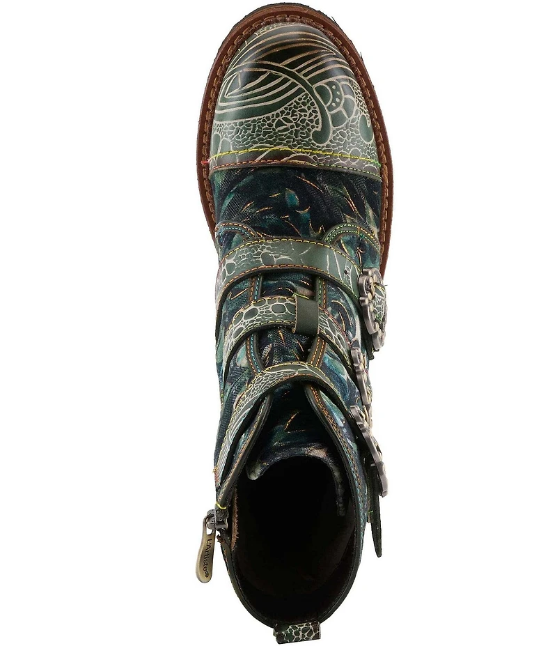 L'ARTISTE Thisway Printed Velvet and Leather Buckled Straps Booties