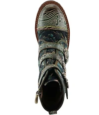L'ARTISTE Thisway Printed Velvet and Leather Buckled Straps Booties