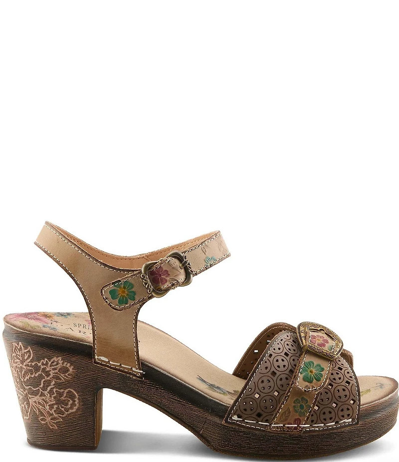L'ARTISTE Upperbuck Floral Embossed and Perforated Leather Block Heel Sandals