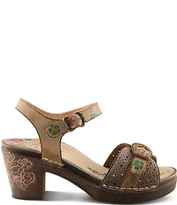 L'ARTISTE Upperbuck Floral Embossed and Perforated Leather Block Heel Sandals