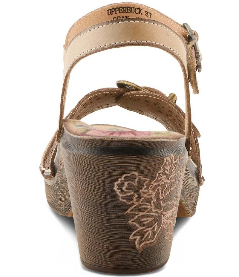 L'ARTISTE Upperbuck Floral Embossed and Perforated Leather Block Heel Sandals