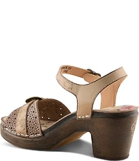 L'ARTISTE Upperbuck Floral Embossed and Perforated Leather Block Heel Sandals