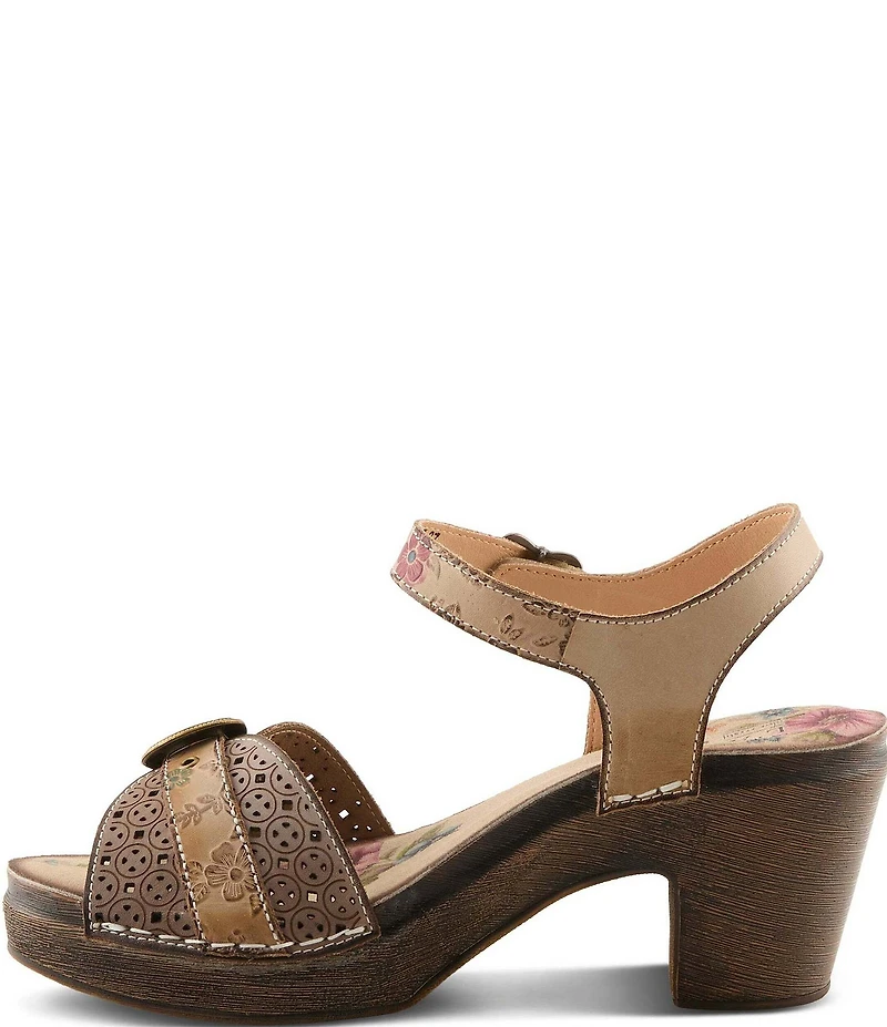 L'ARTISTE Upperbuck Floral Embossed and Perforated Leather Block Heel Sandals