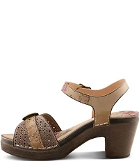 L'ARTISTE Upperbuck Floral Embossed and Perforated Leather Block Heel Sandals