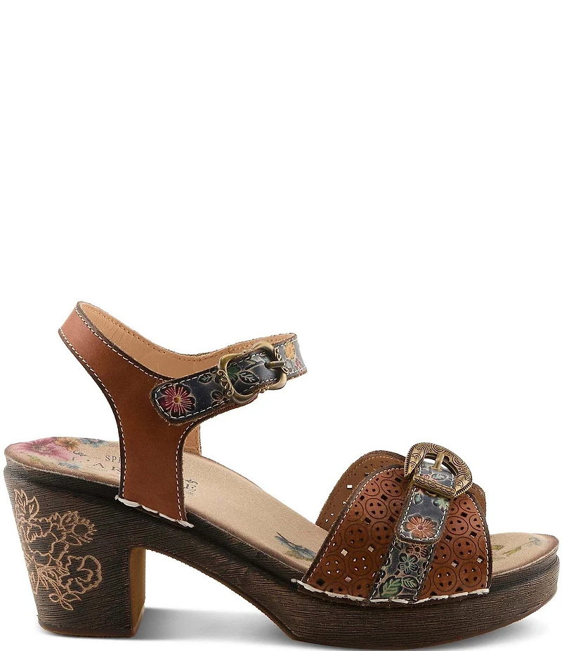 L'ARTISTE Upperbuck Floral Embossed and Perforated Leather Block Heel Sandals