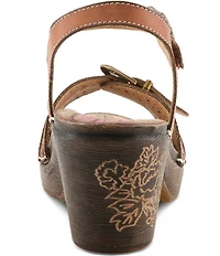 L'ARTISTE Upperbuck Floral Embossed and Perforated Leather Block Heel Sandals