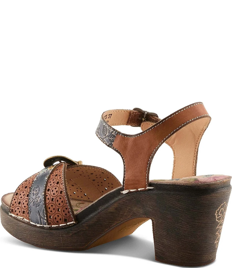 L'ARTISTE Upperbuck Floral Embossed and Perforated Leather Block Heel Sandals