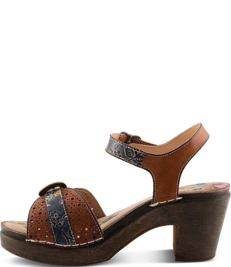 L'ARTISTE Upperbuck Floral Embossed and Perforated Leather Block Heel Sandals