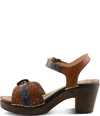 L'ARTISTE Upperbuck Floral Embossed and Perforated Leather Block Heel Sandals