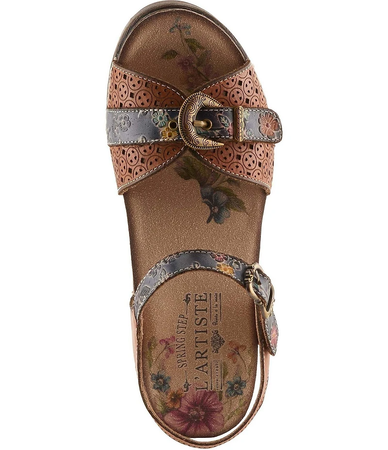 L'ARTISTE Upperbuck Floral Embossed and Perforated Leather Block Heel Sandals