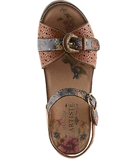 L'ARTISTE Upperbuck Floral Embossed and Perforated Leather Block Heel Sandals