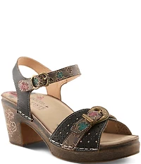 L'ARTISTE Upperbuck Floral Embossed and Perforated Leather Block Heel Sandals