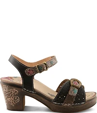 L'ARTISTE Upperbuck Floral Embossed and Perforated Leather Block Heel Sandals