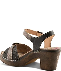 L'ARTISTE Upperbuck Floral Embossed and Perforated Leather Block Heel Sandals