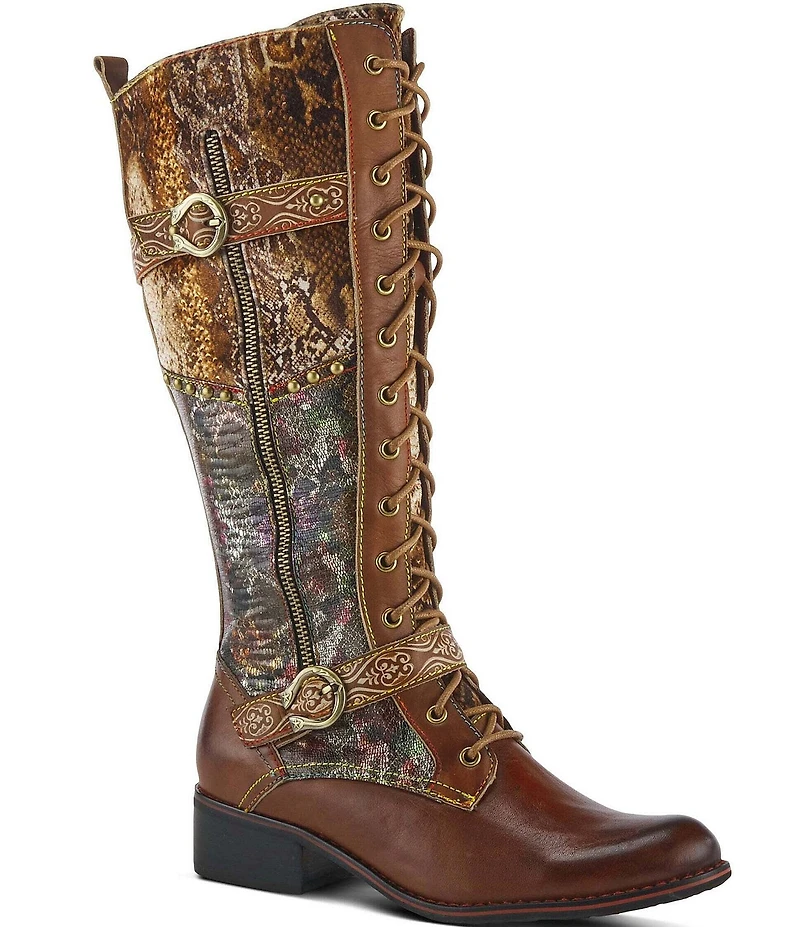 L'ARTISTE Vaneyck Leather and Textile Buckle Hardware Lace Up Tall Riding Boots
