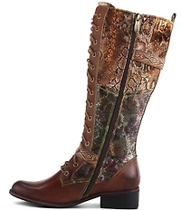 L'ARTISTE Vaneyck Leather and Textile Buckle Hardware Lace Up Tall Riding Boots