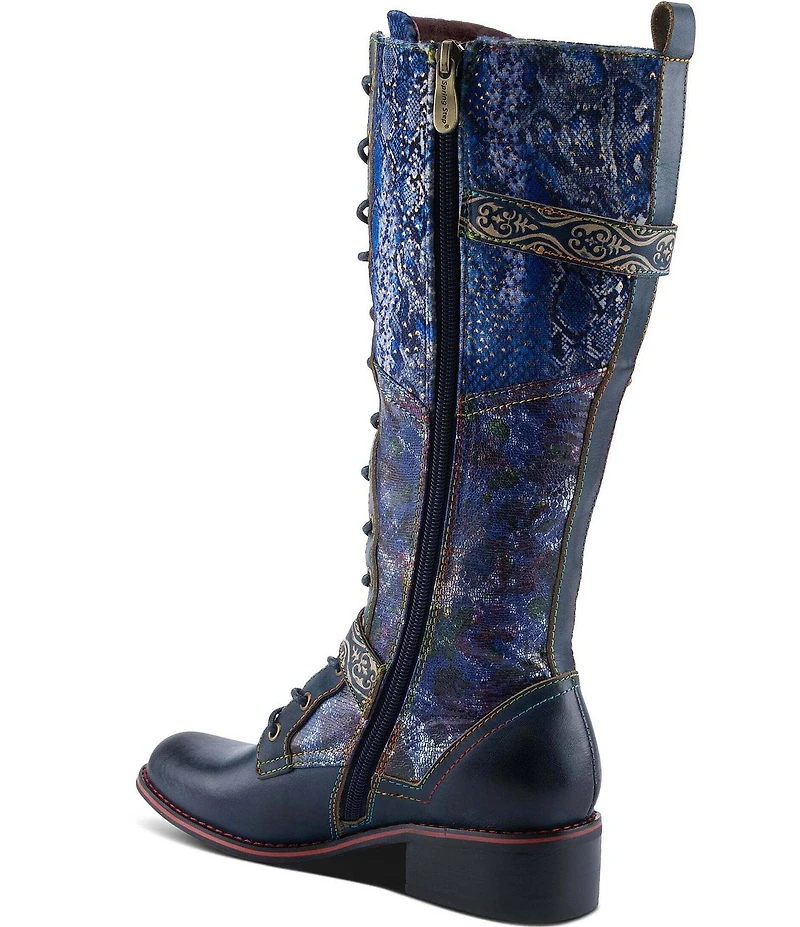 L'ARTISTE Vaneyck Leather and Textile Buckle Hardware Lace Up Tall Riding Boots