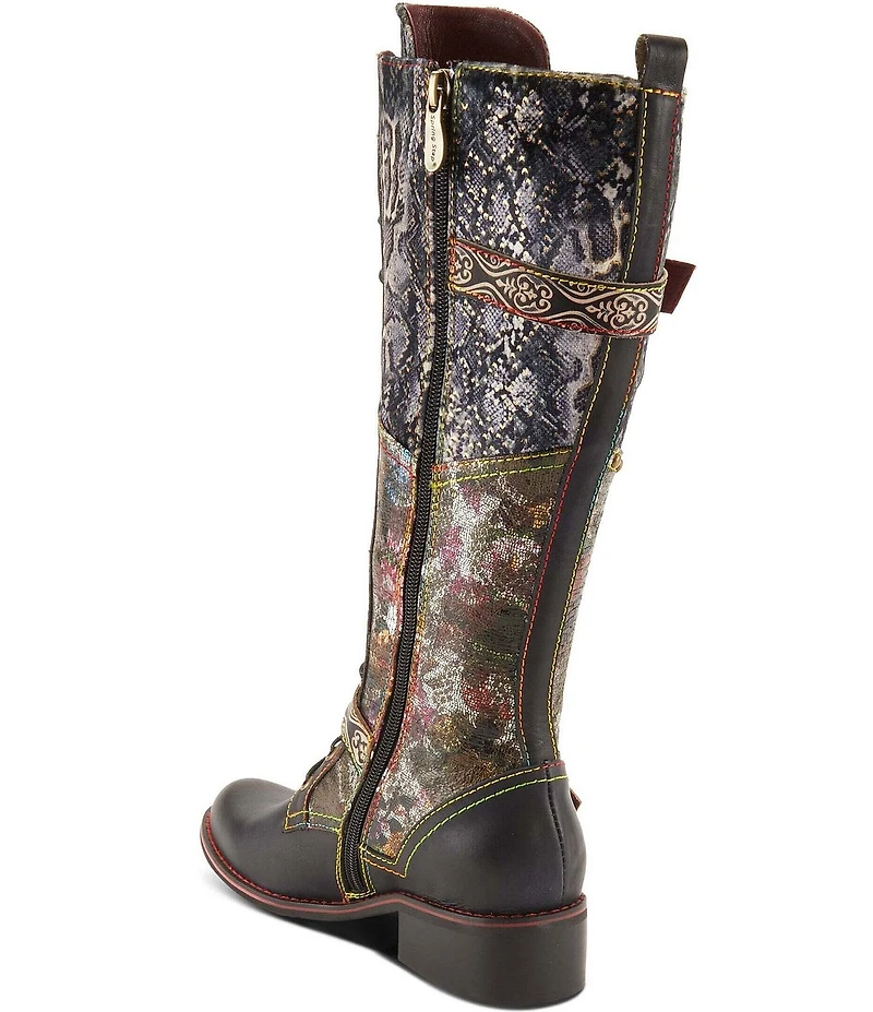 L'ARTISTE Vaneyck Leather and Textile Buckle Hardware Lace Up Tall Riding Boots