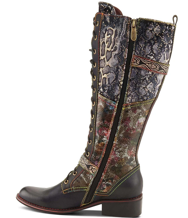 L'ARTISTE Vaneyck Leather and Textile Buckle Hardware Lace Up Tall Riding Boots