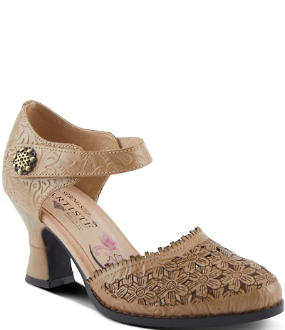 L'ARTISTE Visionary Embossed Laser Cut Leather Ankle Strap Pumps