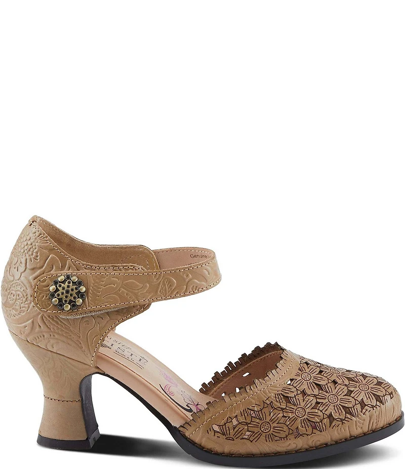 L'ARTISTE Visionary Embossed Laser Cut Leather Ankle Strap Pumps