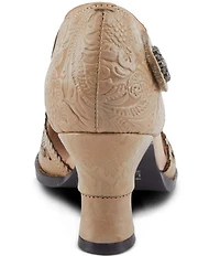 L'ARTISTE Visionary Embossed Laser Cut Leather Ankle Strap Pumps