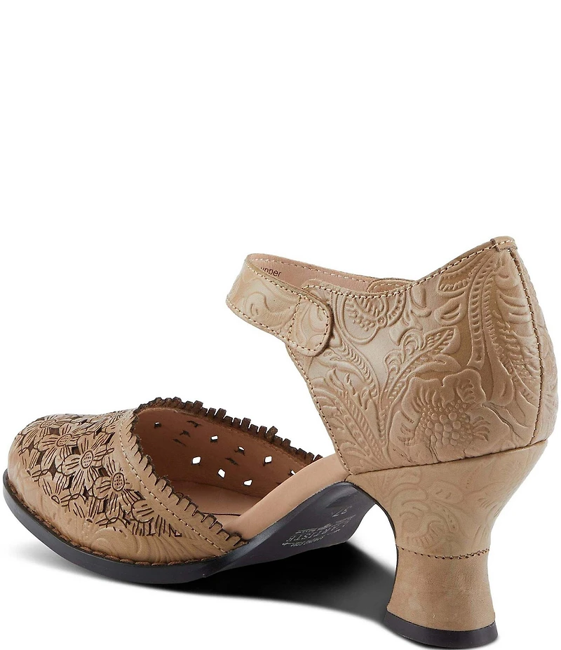 L'ARTISTE Visionary Embossed Laser Cut Leather Ankle Strap Pumps