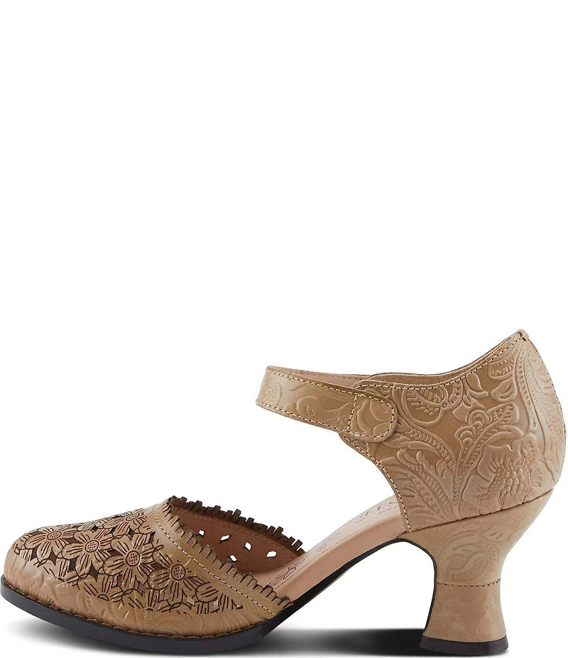 L'ARTISTE Visionary Embossed Laser Cut Leather Ankle Strap Pumps