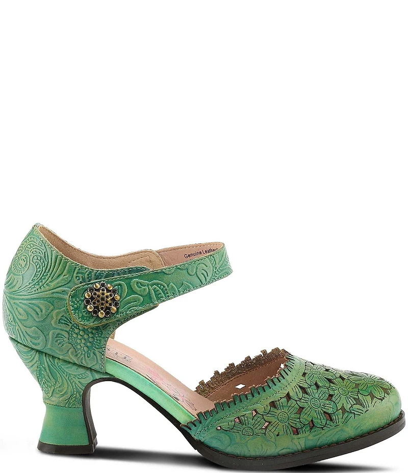 L'ARTISTE Visionary Embossed Laser Cut Leather Ankle Strap Pumps