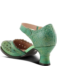 L'ARTISTE Visionary Embossed Laser Cut Leather Ankle Strap Pumps