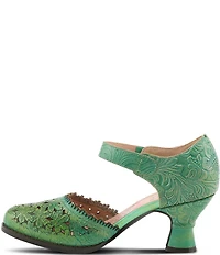 L'ARTISTE Visionary Embossed Laser Cut Leather Ankle Strap Pumps