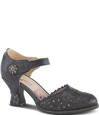 L'ARTISTE Visionary Embossed Laser Cut Leather Ankle Strap Pumps