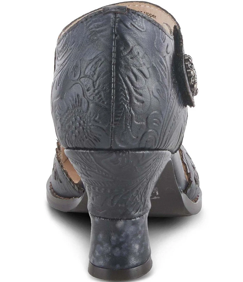 L'ARTISTE Visionary Embossed Laser Cut Leather Ankle Strap Pumps