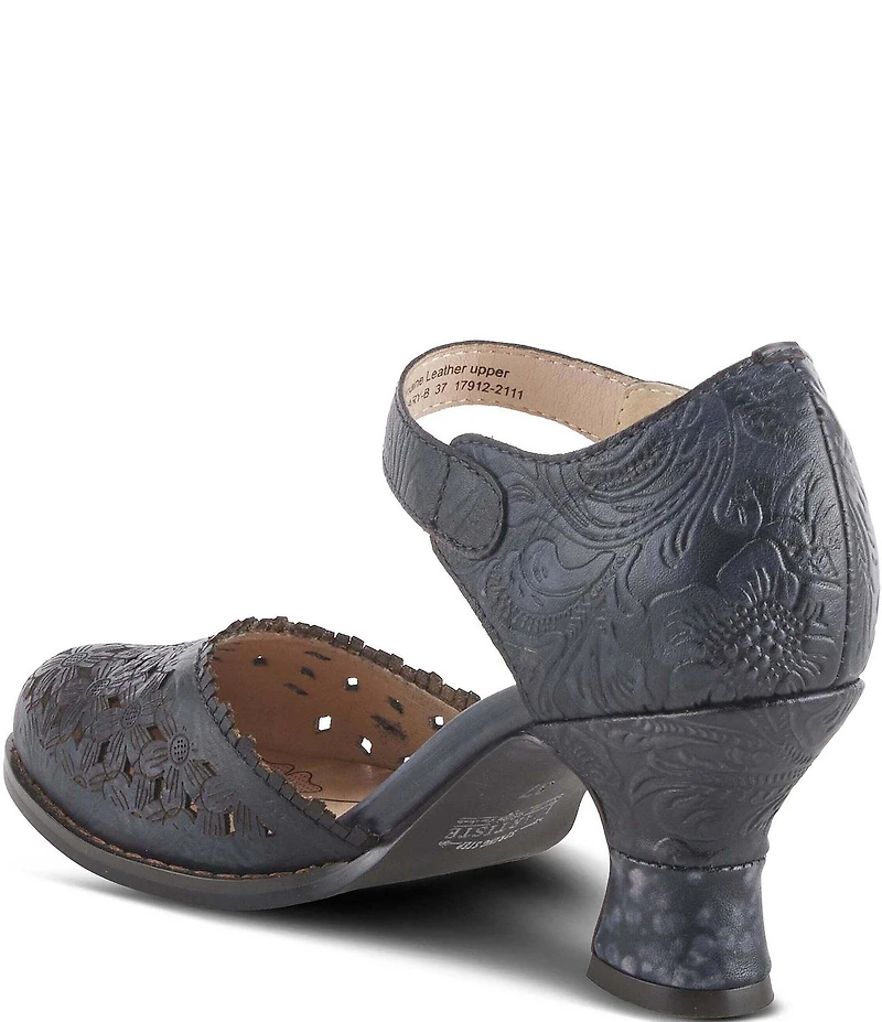 L'ARTISTE Visionary Embossed Laser Cut Leather Ankle Strap Pumps