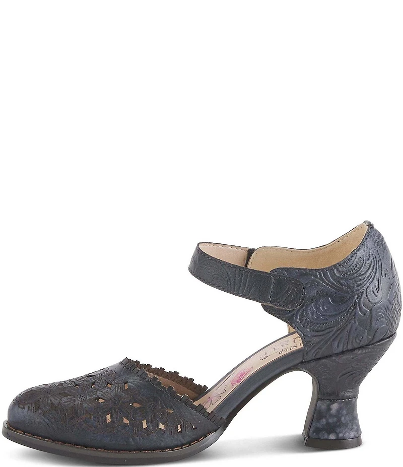 L'ARTISTE Visionary Embossed Laser Cut Leather Ankle Strap Pumps