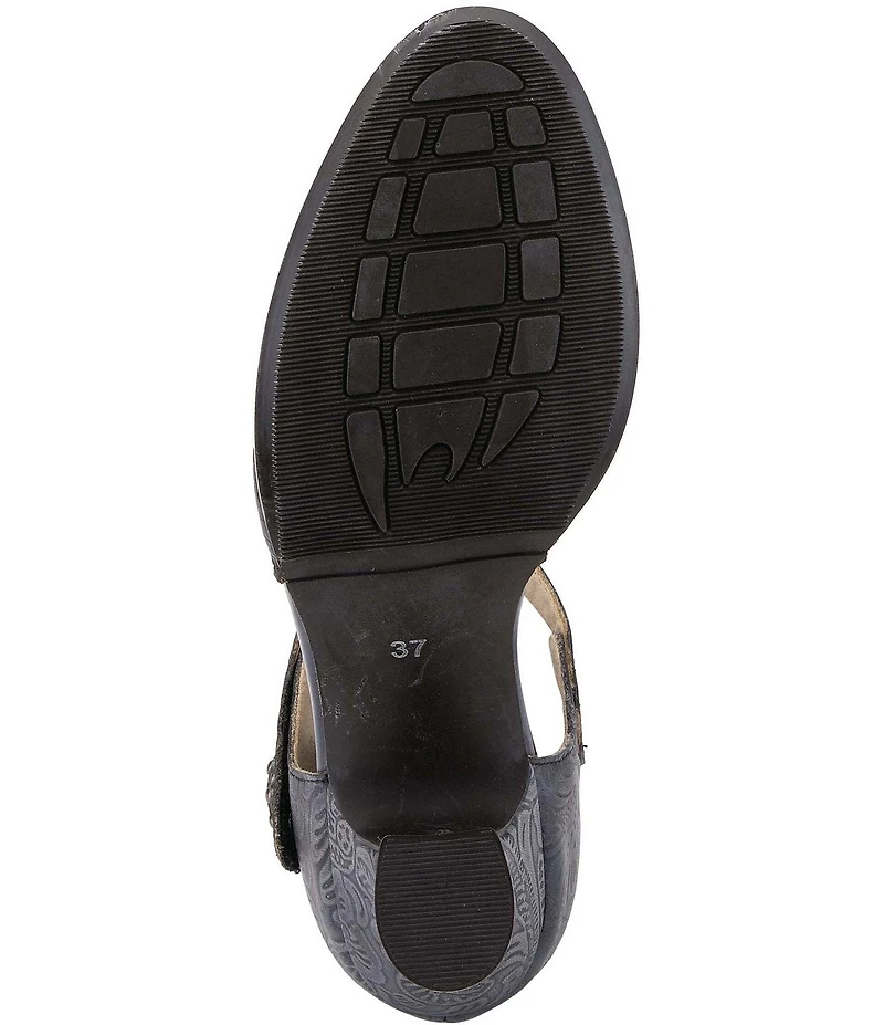 L'ARTISTE Visionary Embossed Laser Cut Leather Ankle Strap Pumps