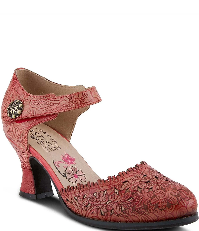 L'ARTISTE Visionary Embossed Laser Cut Leather Ankle Strap Pumps