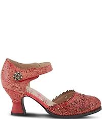 L'ARTISTE Visionary Embossed Laser Cut Leather Ankle Strap Pumps